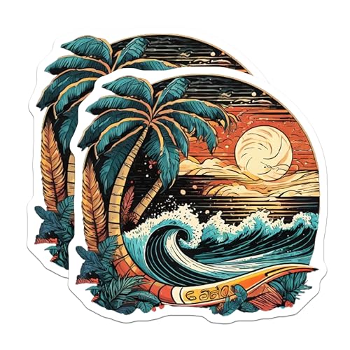 (2 Pack) Beach Sunset Wave Magnets Magnets - Tropical Palm Tree Sun Surfboard Decor - 5" On Longest Side - Made in USA - Sticks to Refrigerators & Metal Surfaces - MAG9255