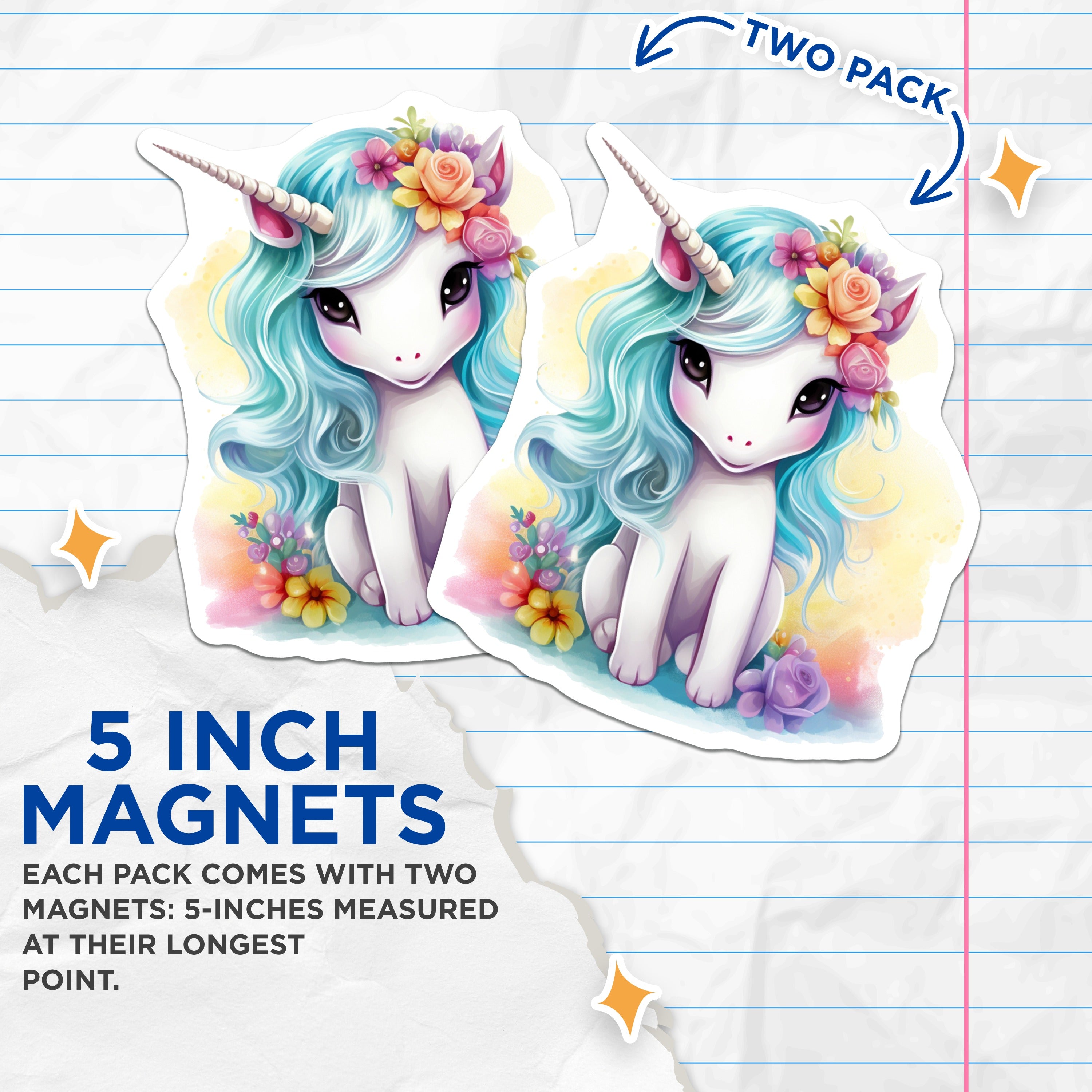 (2 Pack) Kawaii Unicorn Magnets - Whimsical Fantasy Creature Decor - Kids Room Locker Refrigerator Accessories - 5 Inches On Longest Side - Thick Durable Magnet - Made in USA - MAG38192