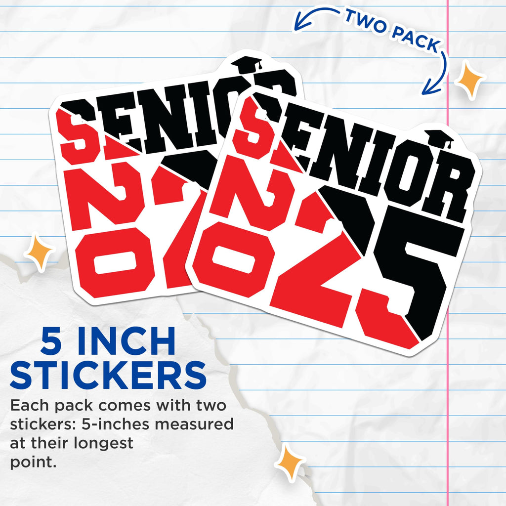 (2 Pack) Senior 2025 Stickers - Graduation 2025 Stickers - Class of 2025 Stickers for Notebooks and Water Bottles - 5" On Longest Side - Sticks to Any Smooth Flat Surface - Made in USA - BMCS3101