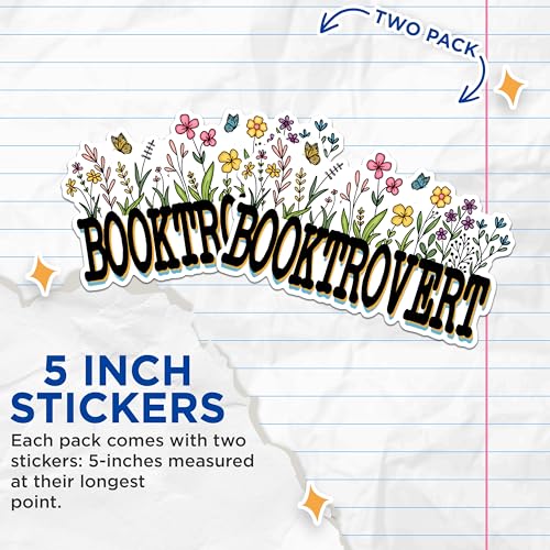 (2 Pack) Booktrovert Stickers - Book Lover Floral Stickers - Botanical Reading Stickers - 5" On Longest Side - Sticks to Any Smooth Flat Surface - Made in USA - BMCS2866