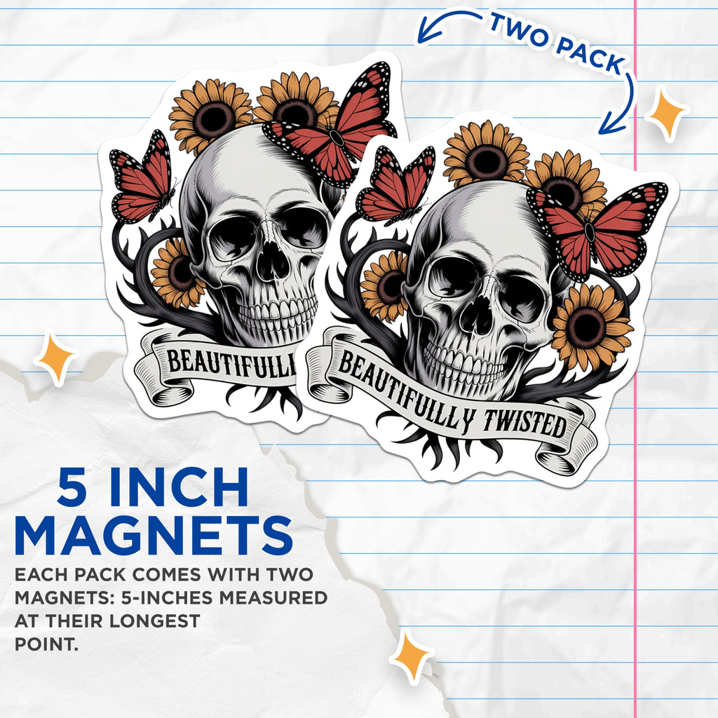 (2 Pack) Skull Monarch Butterfly Magnets - Sunflower Thorny Vine Decor - Gothic Art Refrigerator Decor - 5 Inches On Longest Side - Thick Durable Magnet - Made in USA - MAG21100