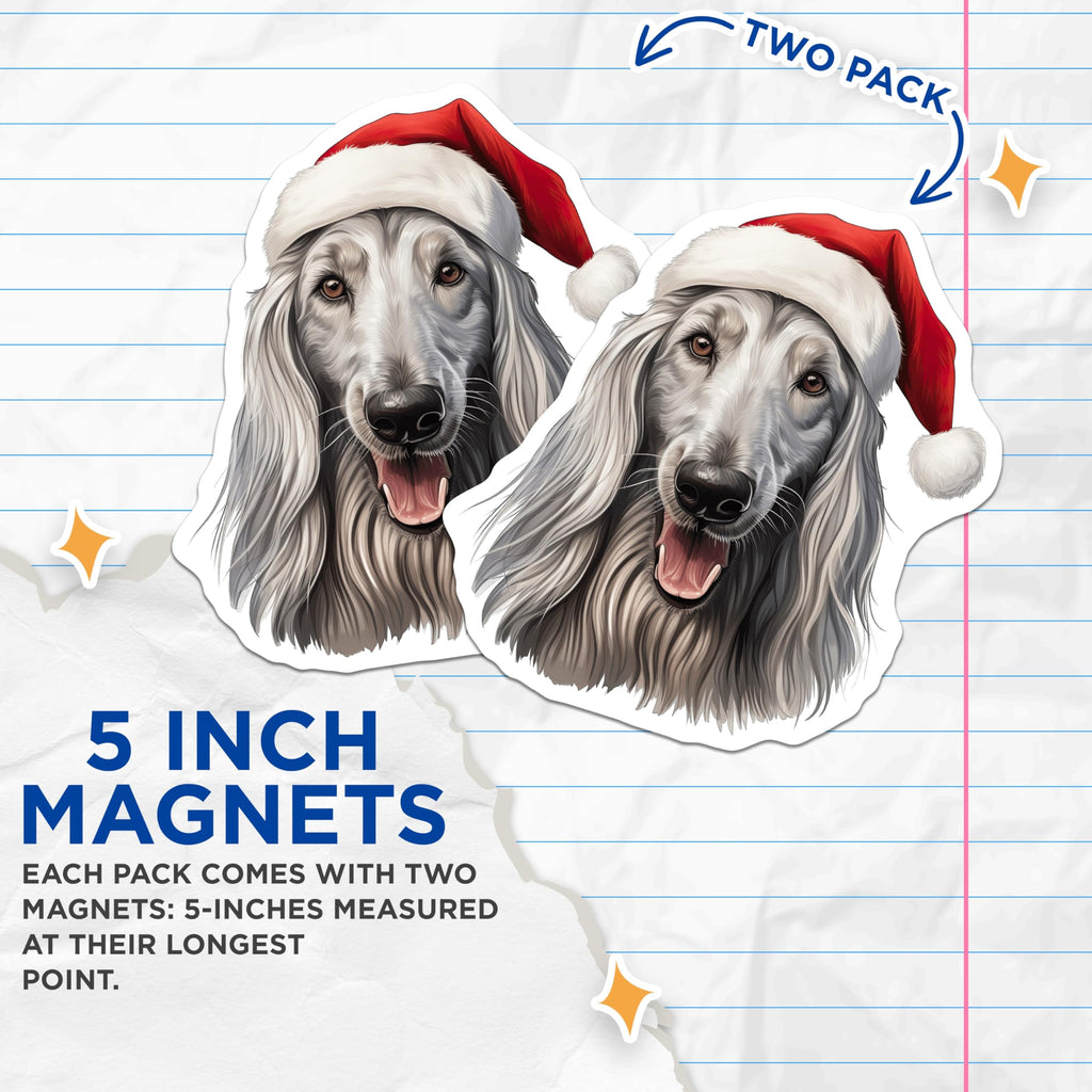 (2 Pack) Afghan Hound Magnets - Santa Hat Christmas Dog Decor - Festive Pet Lover Accent - Winter Canine Art - 5 Inches On Longest Side - Thick Durable Magnet - Made in USA - MAG28730