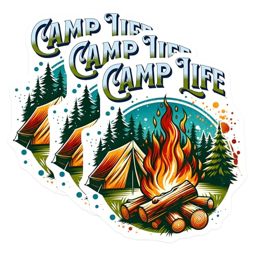 (3 Pack) Camp Life Decals - Camping Decals - Bonfire Tent Stickers- 3 Inches On Longest Side - Easy Peel & Apply - Made in USA - 3MCS5894