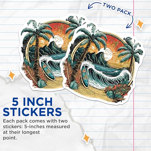 (2 Pack) Tropical Beach Scene Stickers - Surfing Wave - Artistic Palm Trees - 5" On Longest Side - Sticks to Smooth Flat Surfaces - Made in USA - BMCS9265