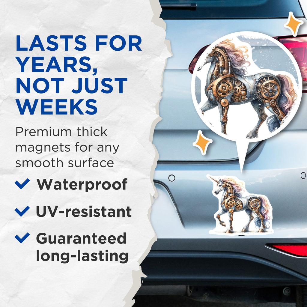 (2 Pack) Steampunk Unicorn Magnets - Mechanical Fantasy Decor - Whimsical Mythical Art - 5 Inches On Longest Side - Thick Durable Magnet - Made in USA - MAG36634