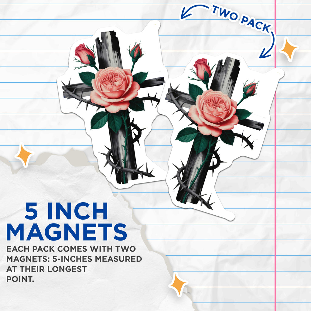 (2 Pack) Christian Cross Magnets - Rose Thorn Symbolism - Faith Devotional Decor - 5 Inches On Longest Side - Thick Durable Magnet - Made in USA - MAG39292