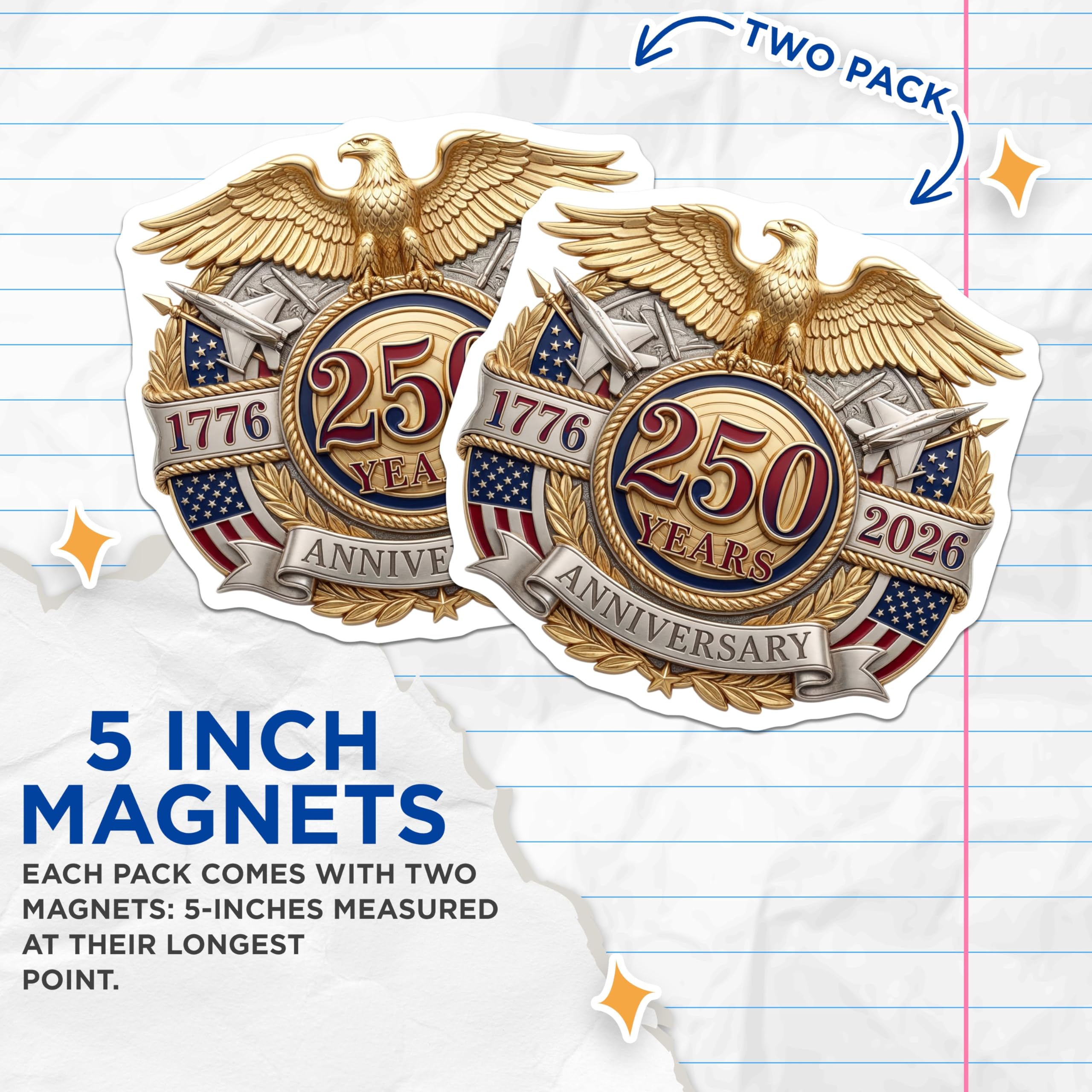 (2 Pack) 250th Anniversary US Military Magnets - American Patriotic Emblem - Historical Commemorative Item - 5 Inches On Longest Side - Thick Durable Magnet - Made in USA - MAG27901