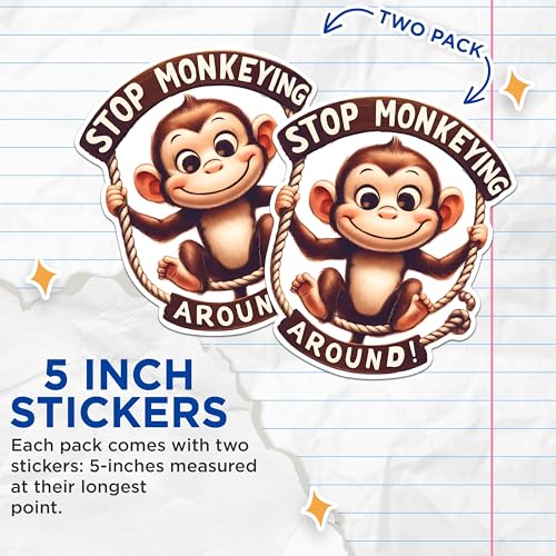 (2 Pack) Stop Monkeying Around Stickers - Cute Monkey Stickers - Animal Cartoon Stickers - 5" On Longest Side - Sticks to Any Smooth Flat Surface - Made in USA - BMCS2652