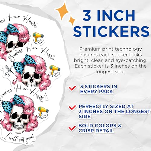 (3 Pack) Hair Hustler Decals - Badass Barber Skull - Hairdresser Tools Stickers - 3 Inches On Longest Side - Easy Peel & Apply - Made in USA - 3MCS6336