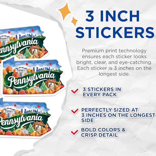 (3 Pack) Pennsylvania Decals - PA State Map - Keystone State Stickers- 3 Inches On Longest Side - Easy Peel & Apply - Made in USA - 3MCS5079