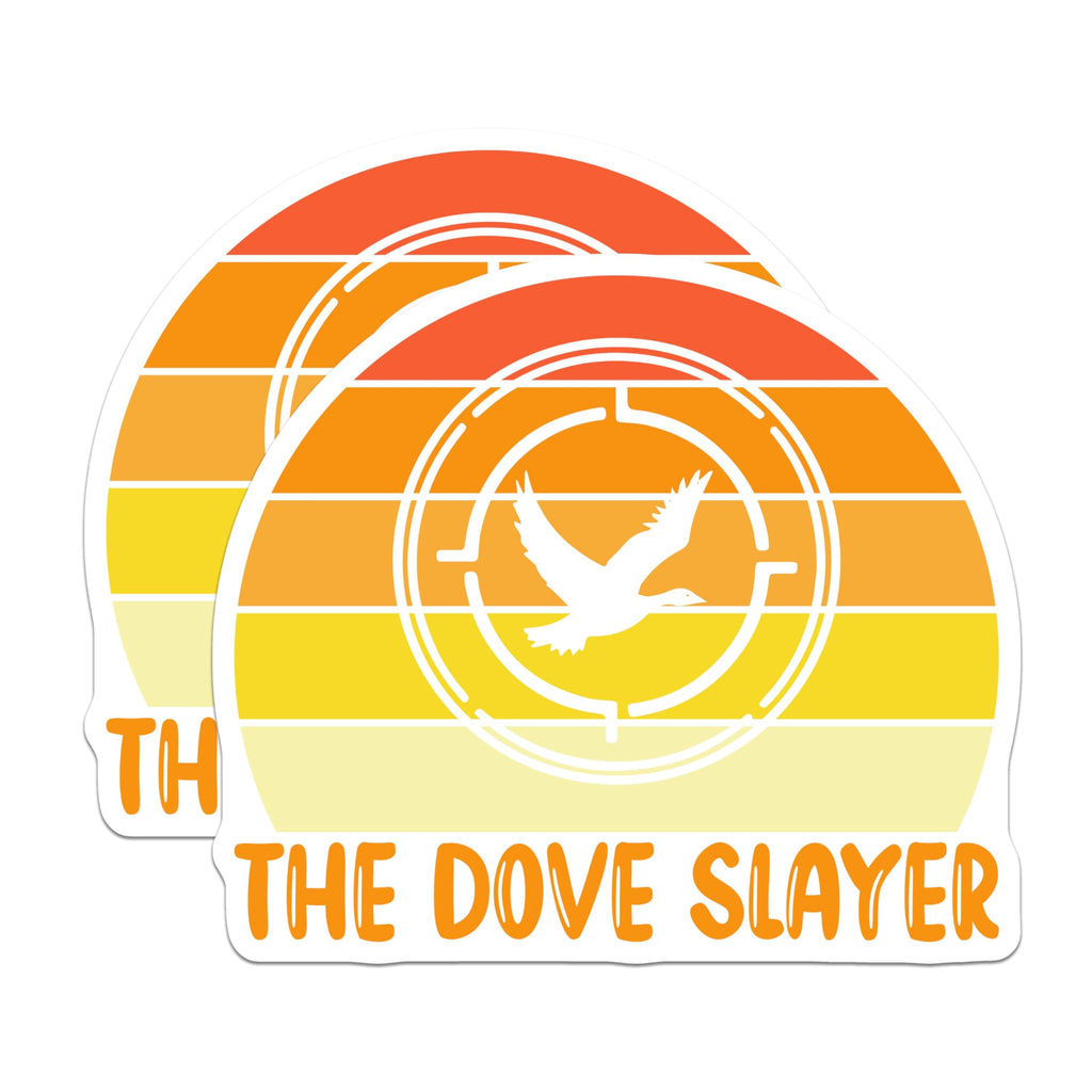 (2 Pack) The Dove Slayer Stickers - Retro Hunting Stickers - Bird Hunter Decal - 5" On Longest Side - Sticks to Smooth Flat Surfaces - Made in USA - BMCS5391