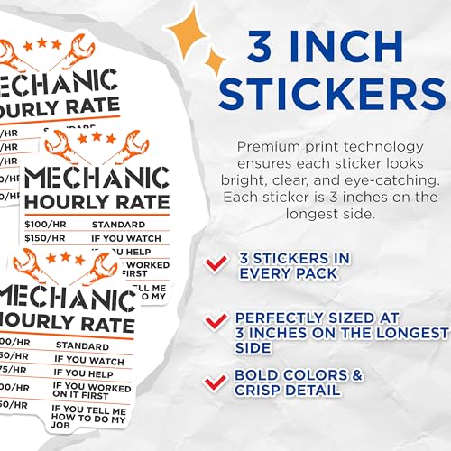 (3 Pack) Funny Mechanic Hourly Rate Decals - Car Guy Decals - Auto Repair Stickers - 3 Inches On Longest Side - Easy Peel & Apply - Made in USA - 3MCS4532