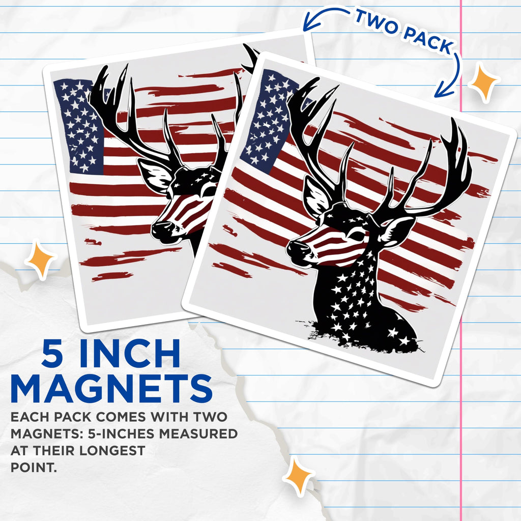 (2 Pack) American Flag Deer Magnets - Patriotic Buck Antler Hunting Scene - US Hunter Truck Fridge Refrigerator Display - 5 Inches On Longest Side - Thick Durable Magnet - Made in USA - MAG19559