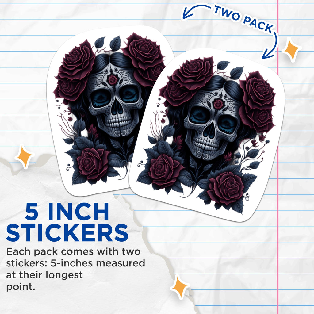 (2 Packs) Gothic Skulls with Rose Stickers - Skull and Rose Design Decals - 5 Inches On Longest Side - Premium Vinyl Decal - Sticks to Any Smooth Flat Surface - Made in USA - BMCS2303