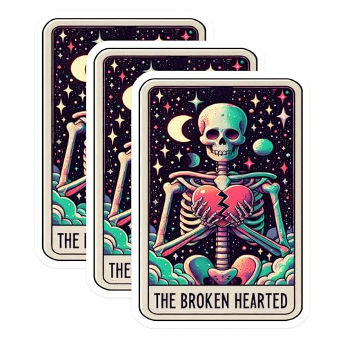 (3 Pack) Broken Hearted Decals - Skeleton Tarot Card - Laptop Decal Stickers - 3 Inches On Longest Side - Easy Peel & Apply - Made in USA - 3MCS4127