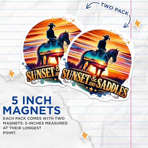 (2 Pack) Sunset Saddle Magnets - Cowboy Art - Horse Lover Decor - Western Sunset Scene - Rustic Horseback Rider Magnets - 5" On Longest Side - for Cars, Fridges, Toolboxes - Made in USA - MAG6997