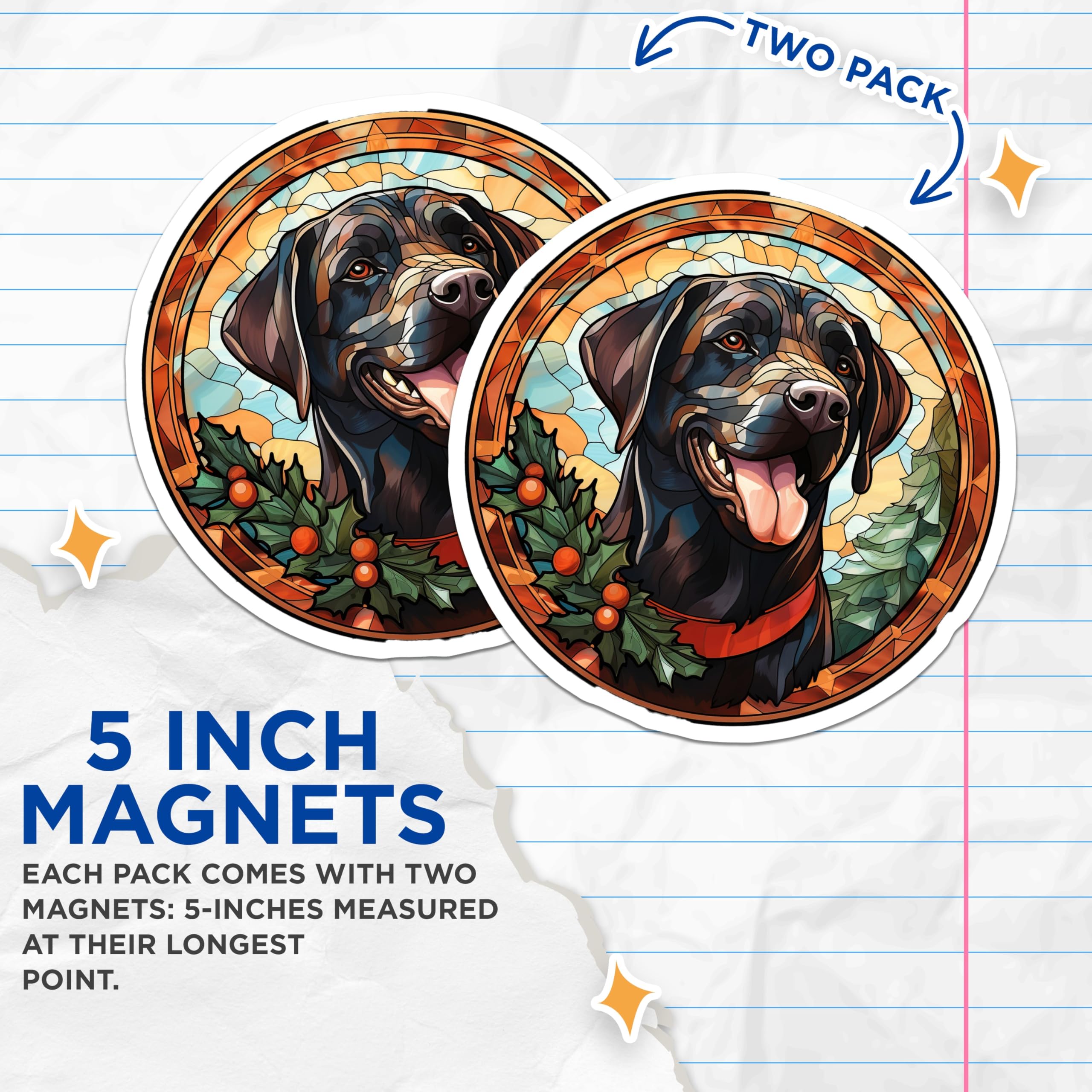 (2 Pack) Black Lab Christmas Magnets - Stained Glass Dog Decor - Holiday Labrador Owner Gift - 5 Inches On Longest Side - Thick Durable Magnet - Made in USA - MAG25181