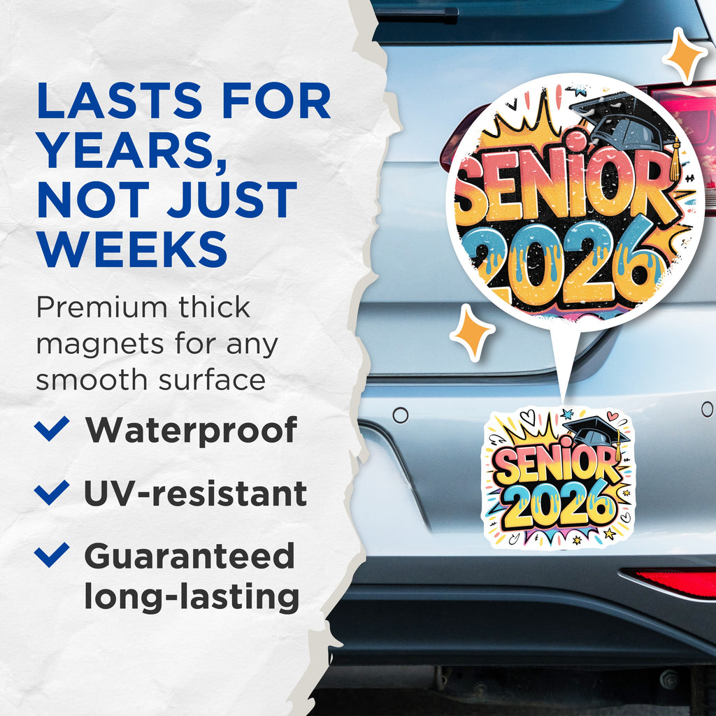 (2 Pack) Senior 2026 Graduation Magnets - Class of 2026 Decor - High School College Graduate Gifts - 5 Inches On Longest Side - Thick Durable Magnet - Made in USA - MAG38075
