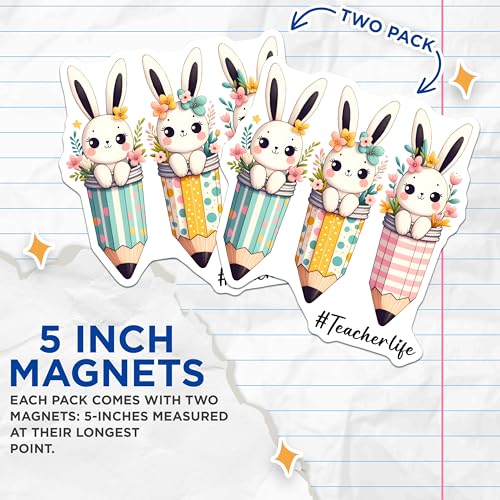 (2 Pack) Cute Bunny Pencil Magnets - TeacherLife - Classroom Decor - Animal Lovers - Cute Animal - Flower Pencil Bunnies - 5" On Longest Side - for Cars, Fridges, Toolboxes - Made in USA - MAG8153