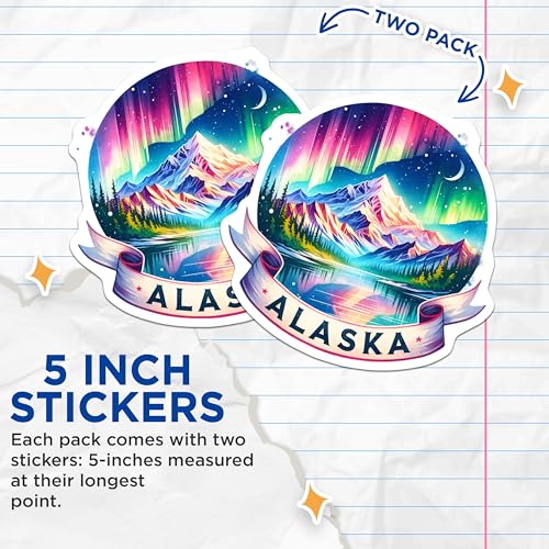 (2 Pack) Alaska Stickers - Northern Lights Scene - Mountain Art - Vibrant Landscape Decal - 5" On Longest Side - Sticks to Smooth Flat Surfaces - Made in USA - BMCS6790
