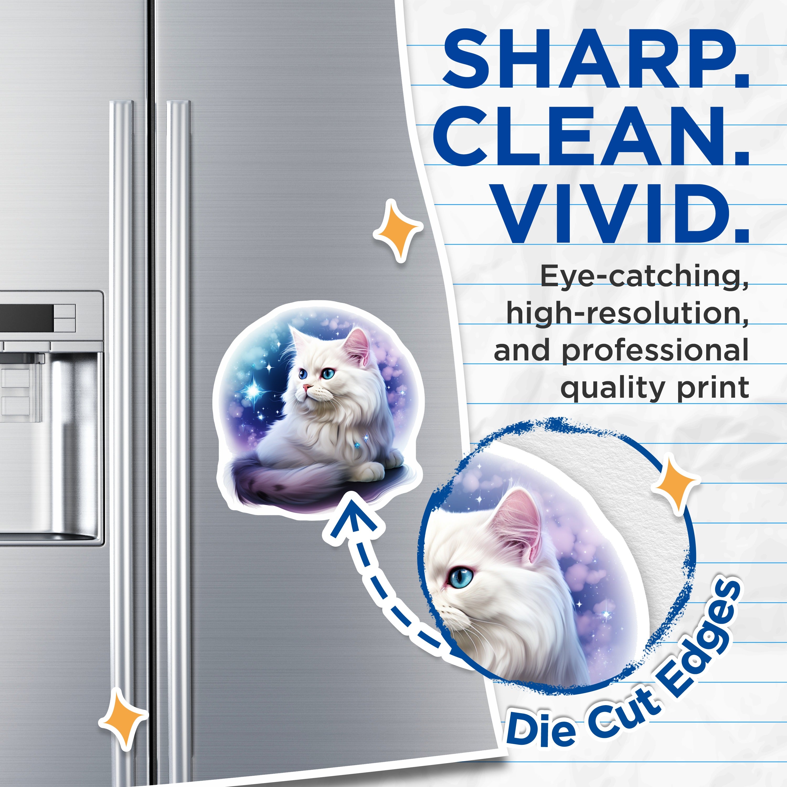 (2 Pack) Magical White Cat Magnets - Blue Eyed Fluffy Kitten - Celestial Starry Animal Decor - Fantasy Art - 5 Inches On Longest Side - Thick Durable Magnet - Made in USA - MAG38860