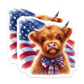 (2 Pack) Cute Highland Cow Stickers - American Flag - Patriotic Animal Decals - 5" On Longest Side - Sticks to Smooth Flat Surfaces - Made in USA - BMCS6374