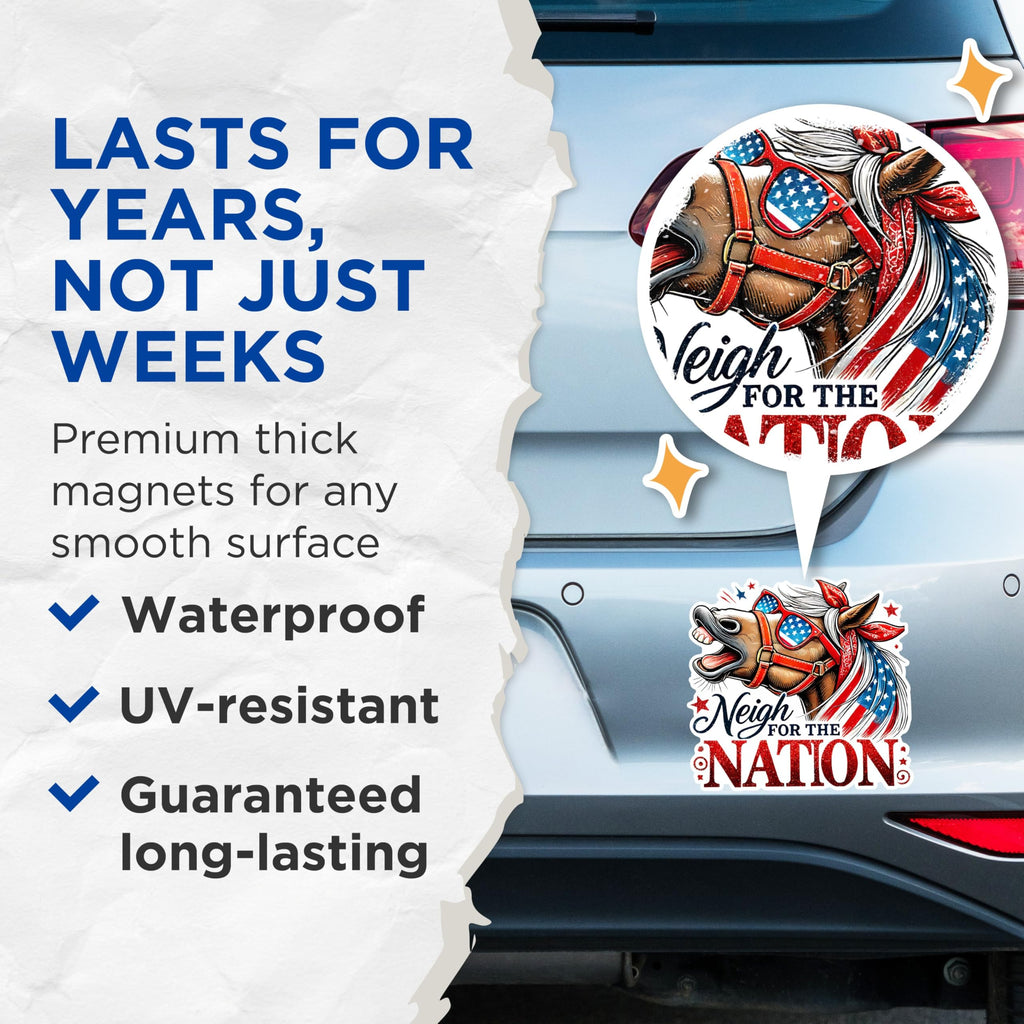 (2 Pack) Neigh for The Nation Magnets - Patriotic Horse Magnets - Fun Independence Day Magnets- 5" On Longest Side - for Fridges, Toolboxes, Cars - Made in USA - MAG2707