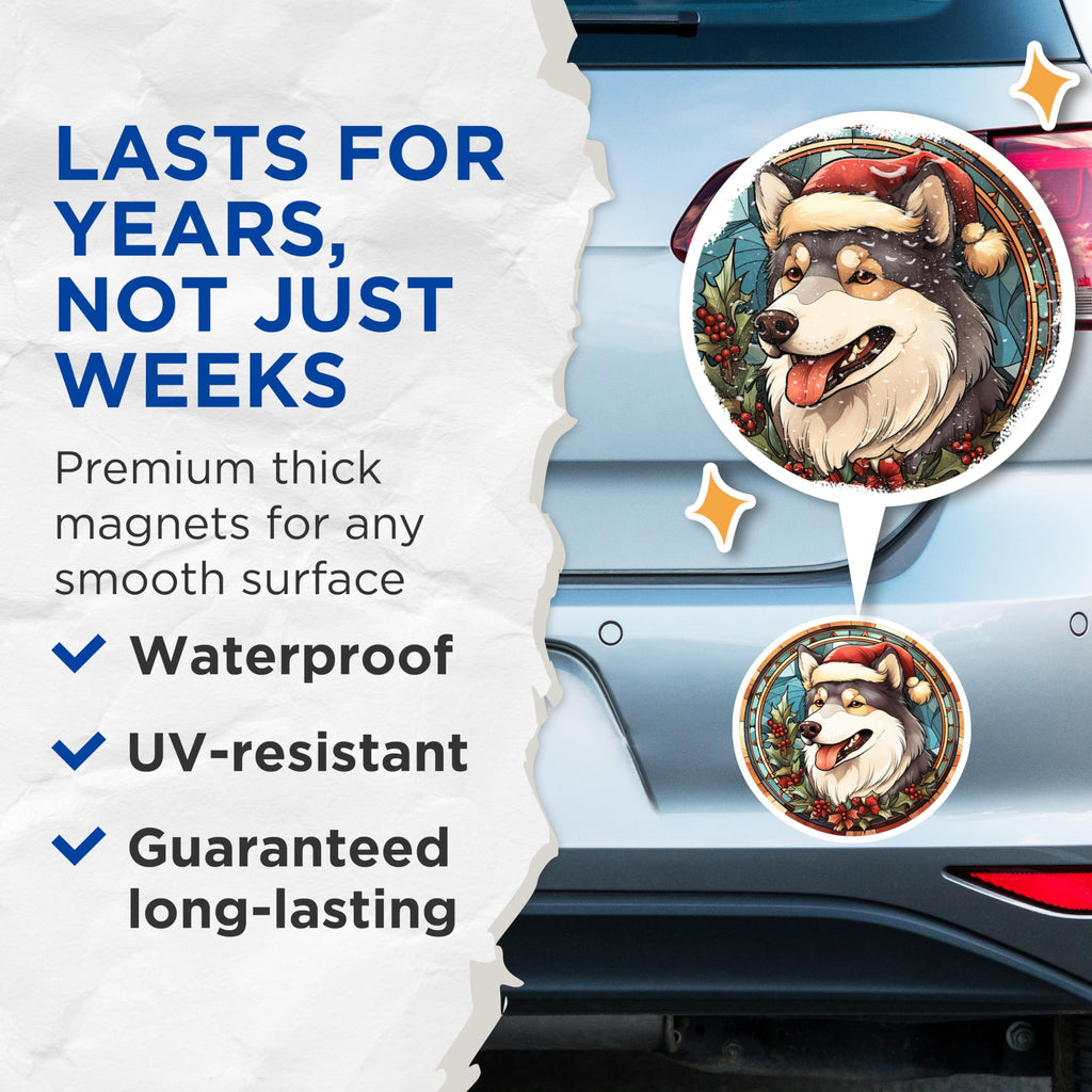 (2 Pack) Christmas Dog Magnets - Festive Husky Stained Glass Decor - Holiday Pet Owner Kitchen Fridge Magnet - 5 Inches On Longest Side - Thick Durable Magnet - Made in USA - MAG25616