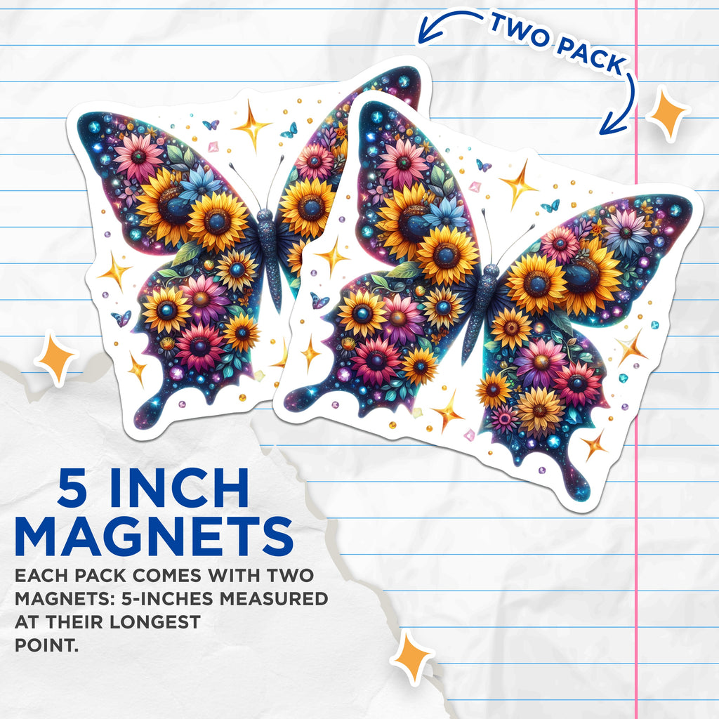 (2 Pack) Celestial Butterfly Magnets - Floral Galaxy Decor - Whimsical Sunflower Fridge Art - Nature Inspired Accent - 5 Inches On Longest Side - Thick Durable Magnet - Made in USA - MAG37395
