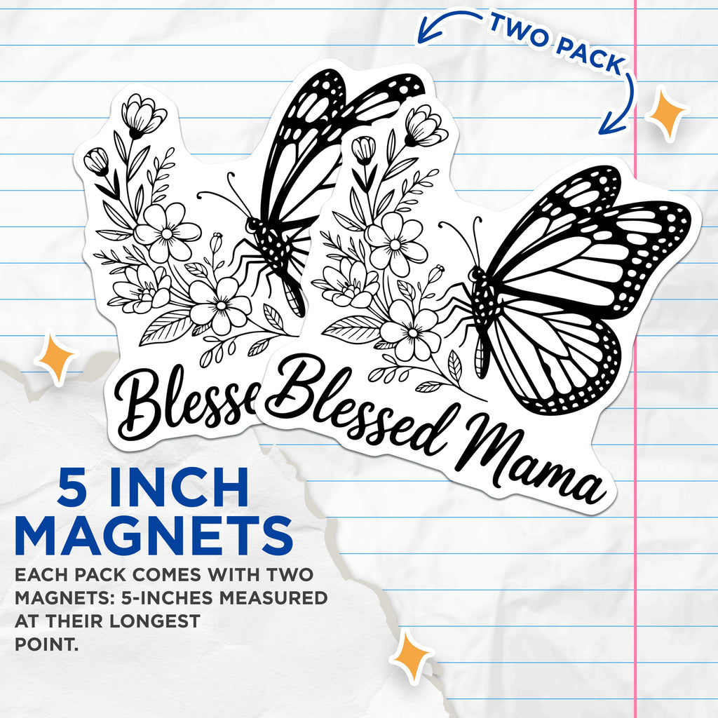 (2 Pack) Blessed Mama Magnets - Monarch Butterfly Flower Aesthetic - Mama Life Kitchen Decor Refrigerator - 5 Inches On Longest Side - Thick Durable Magnet - Made in USA - MAG38463