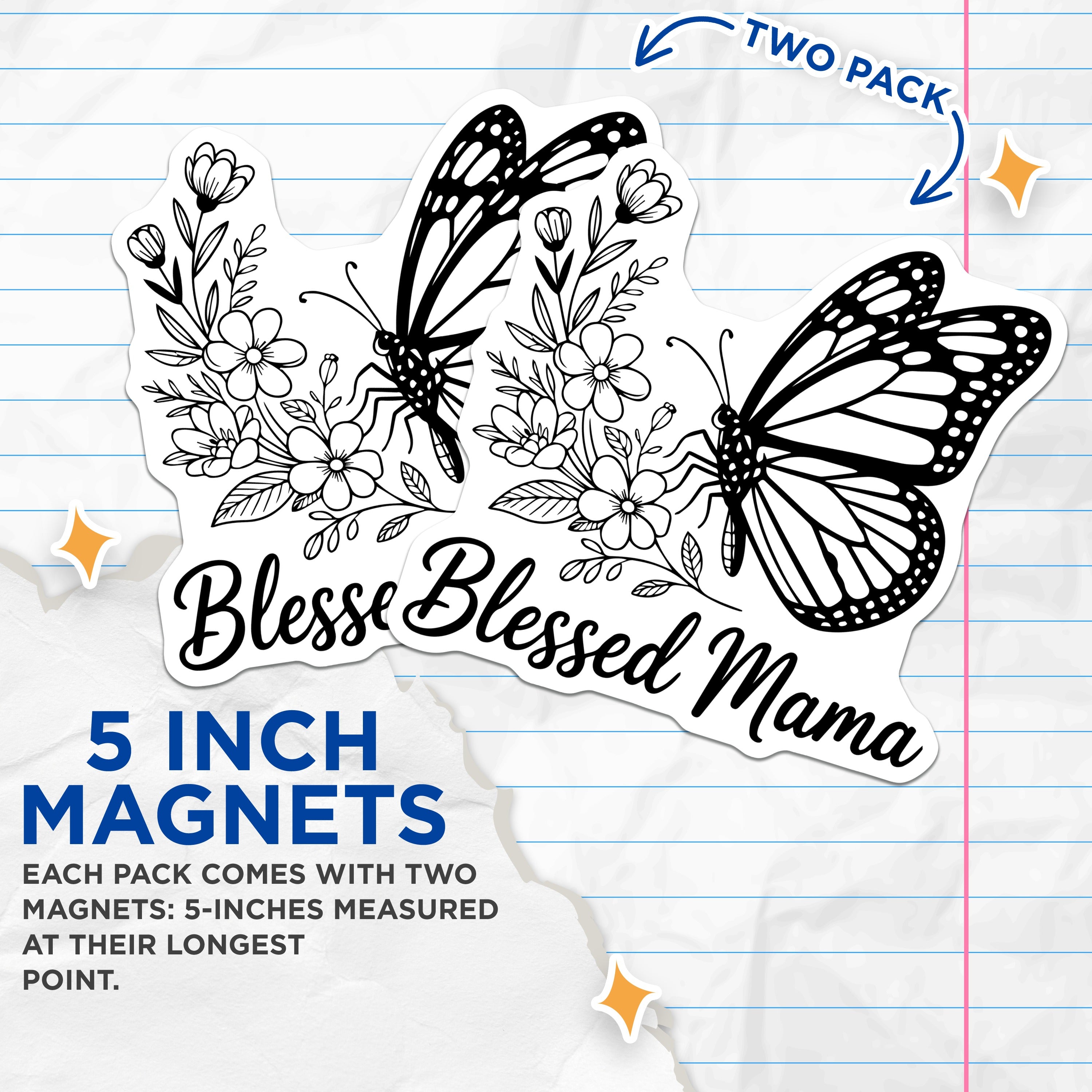 (2 Pack) Blessed Mama Magnets - Monarch Butterfly Flower Aesthetic - Mama Life Kitchen Decor Refrigerator - 5 Inches On Longest Side - Thick Durable Magnet - Made in USA - MAG38463