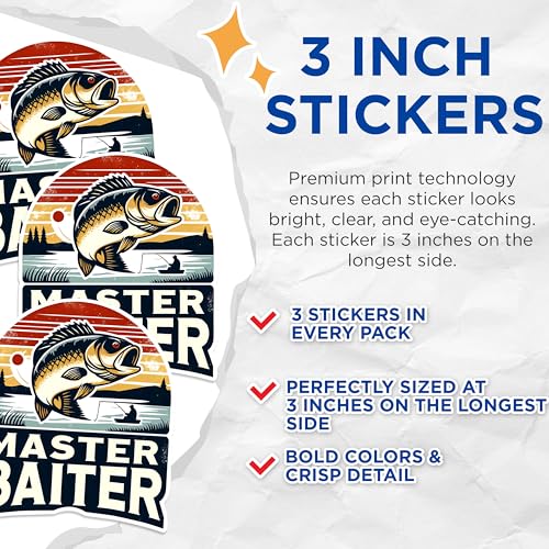 (3 Pack) Master Baiter Decals - Fishing Decal - Funny Fishing Decal - 3 Inches On Longest Side - Easy Peel & Apply - Made in USA - 3MCS1468