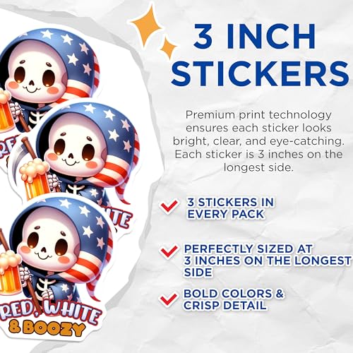 (3 Pack) Red White Boozy Decals - Patriotic Grim Reaper - American Flag Beer Lover - 3 Inches On Longest Side - Easy Peel & Apply - Made in USA - 3MCS6671