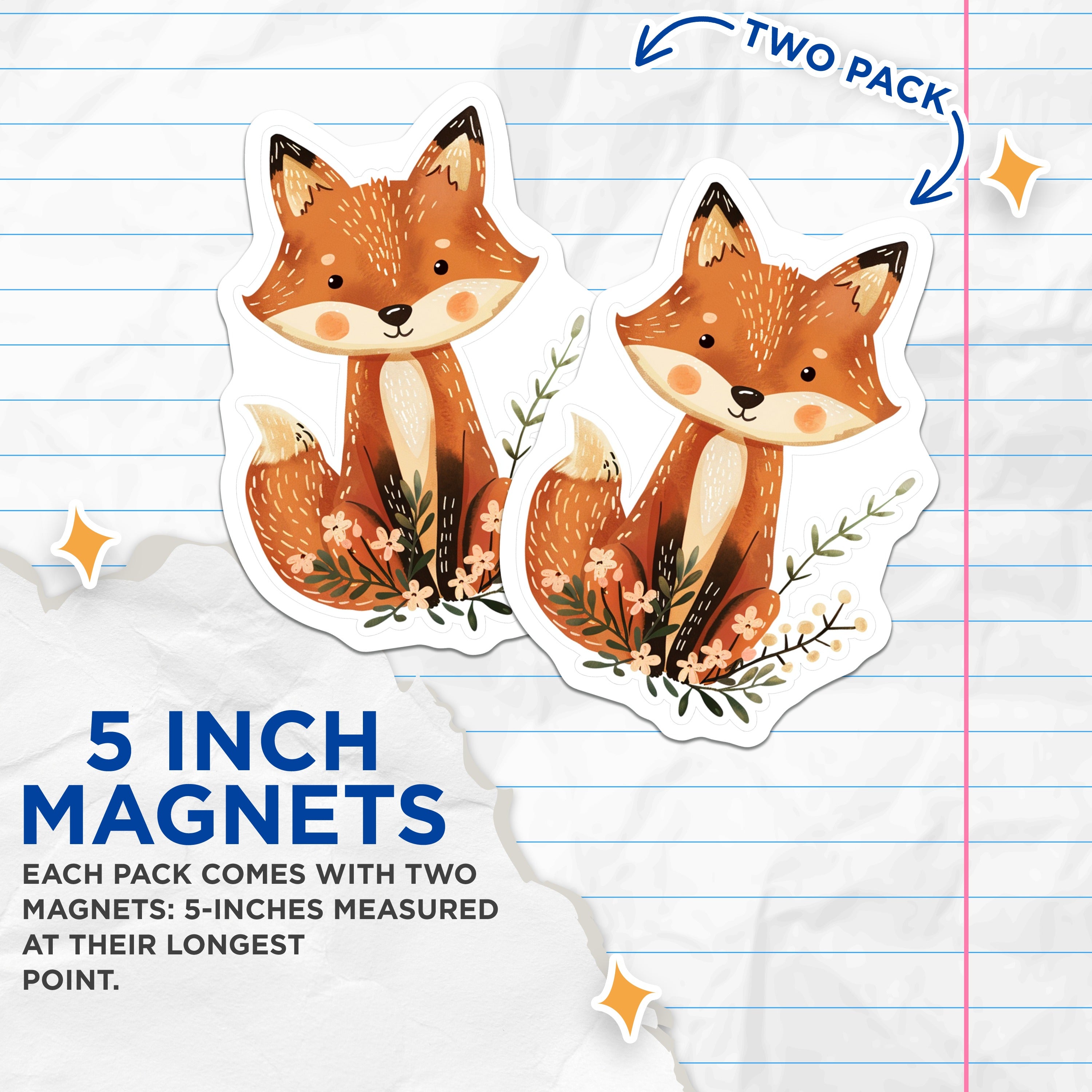 (2 Pack) Cute Fox Magnets - Woodland Animal Decor - Refrigerator Locker Accent - 5 Inches On Longest Side - Thick Durable Magnet - Made in USA - MAG38873