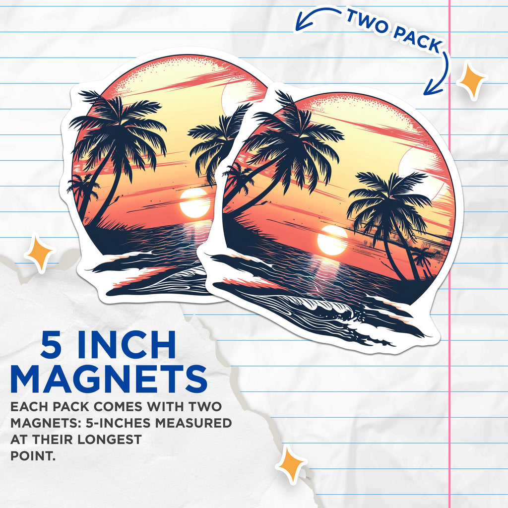 (2 Pack) Tropical Sunset Magnets - Palm Trees Beach Ocean Waves - Coastal Decor Summer Vibe - Refrigerator Locker Accent - 5 Inches On Longest Side - Thick Durable Magnet - Made in USA - MAG38389