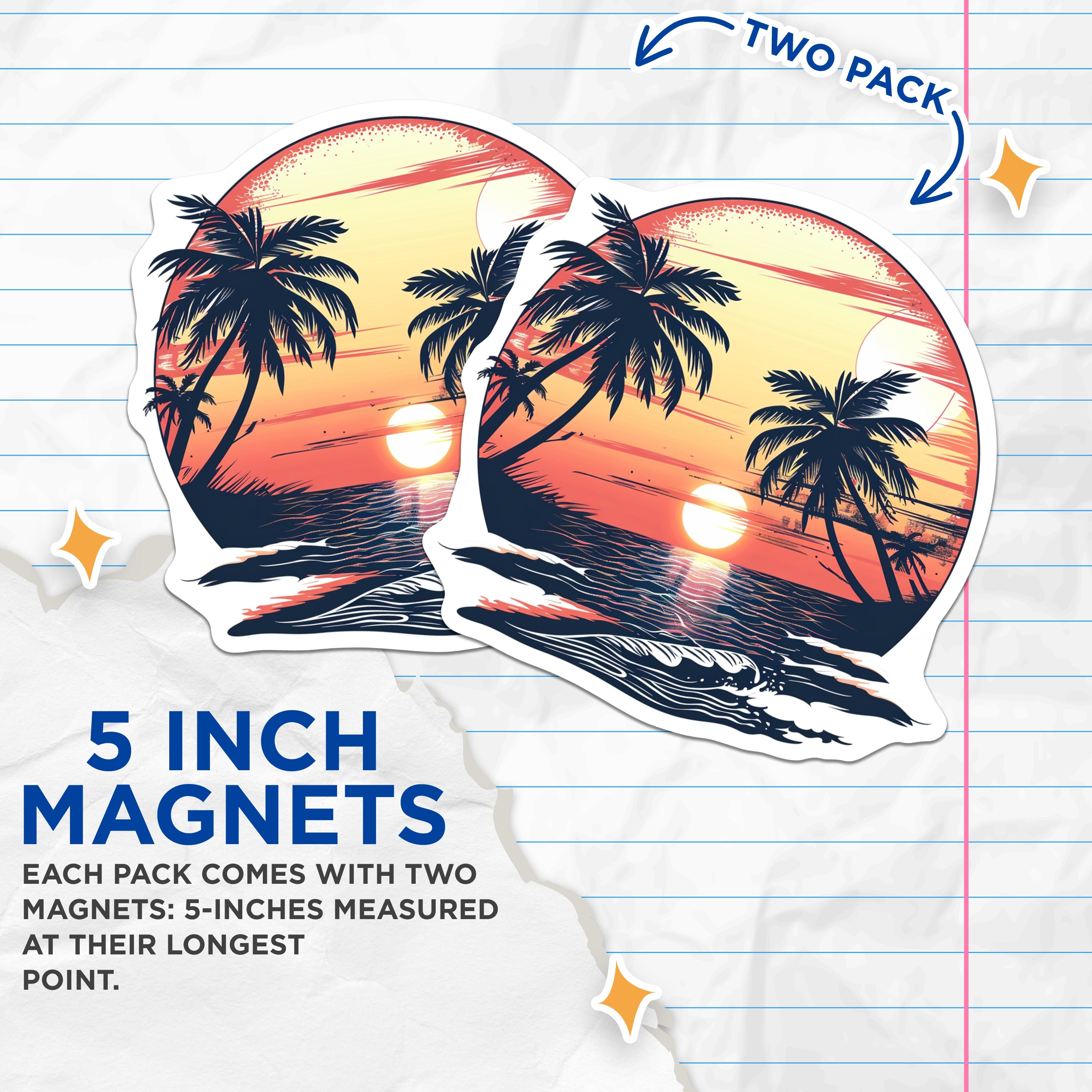 (2 Pack) Tropical Sunset Magnets - Palm Trees Beach Ocean Waves - Coastal Decor Summer Vibe - Refrigerator Locker Accent - 5 Inches On Longest Side - Thick Durable Magnet - Made in USA - MAG38389