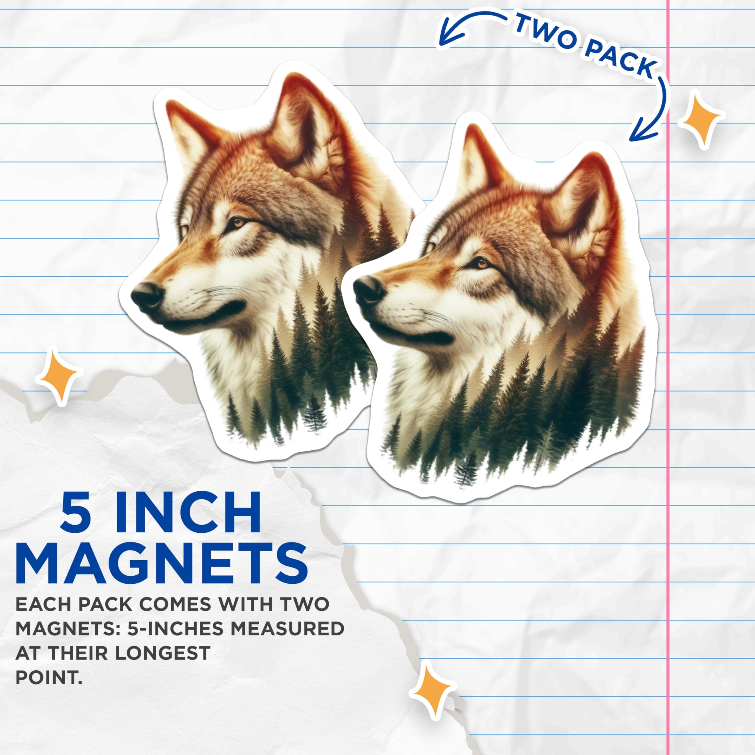 (2 Pack) Wolf Magnets - Forest Animal Decor - Nature Lover Refrigerator Magnets - 5" On Longest Side - Premium Magnet - for Cars, Refrigerators, Toolboxes, Lockers - Made in USA - MAG15509