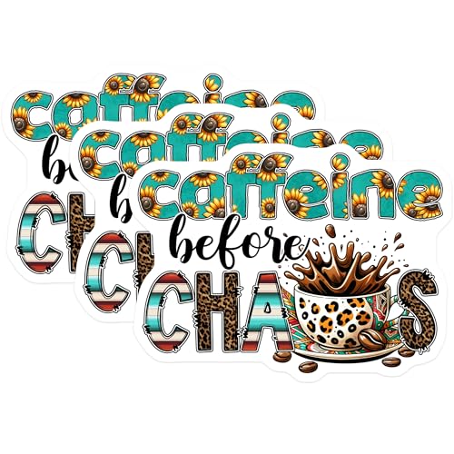 (3 Pack) Caffeine Before Chaos Decals - Sunflower Coffee - Laptop Decal - Coffee Lover Stickers - 3 Inches On Longest Side - Easy Peel & Apply - Made in USA - 3MCS6297