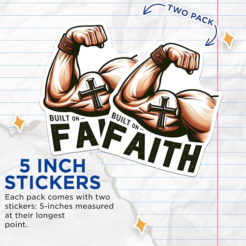 (2 Pack) Built on Faith Stickers - Muscle Arm - Christian Motivational - 5" On Longest Side - Sticks to Smooth Flat Surfaces - Made in USA - BMCS9639