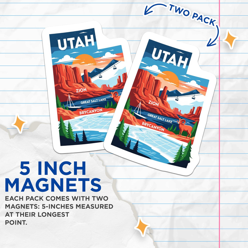 (2 Pack) Utah State Magnets - Zion National Park Souvenir - Great Salt Lake Decor - 5" On Longest Side - Premium Magnet - for Cars, Refrigerators, Toolboxes, Lockers - Made in USA - MAG14304