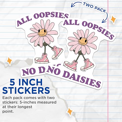 (2 Pack) All Oopsies No Daisies Stickers - Cheerful Flower Stickers - Cute Flower Character Stickers - 5" On Longest Side - Sticks to Smooth Flat Surfaces - Made in USA - BMCS5060