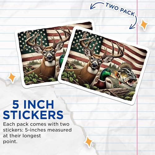 (2 Pack) Hunting and Fishing Stickers - Deer Duck Bass Decal Set - Wildlife Outdoor Adventure Decor - 5" On Longest Side - Sticks to Smooth Flat Surfaces - Made in USA - BMCS6018