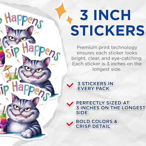 (3 Pack) Funny Cat Decals - Sip Happens - Cocktail Lover - Laptop Stickers - 3 Inches On Longest Side - Easy Peel & Apply - Made in USA - 3MCS7318