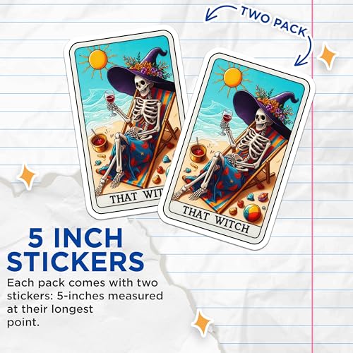 (2 Pack) Skeleton Stickers - Witch Beach Theme - Halloween Fun - 5" On Longest Side - Sticks to Smooth Flat Surfaces - Made in USA - BMCS5341