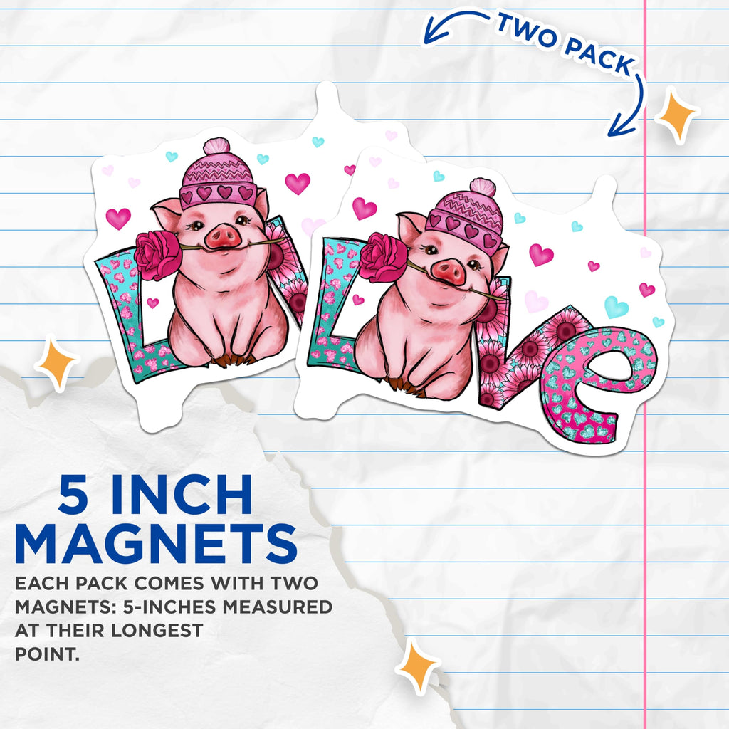(2 Pack) Pig Magnets - Cute Farm Animal Decor - Love Piggy Designs - 5" On Longest Side - Premium Magnet - for Cars, Refrigerators, Toolboxes, Lockers - Made in USA - MAG15582