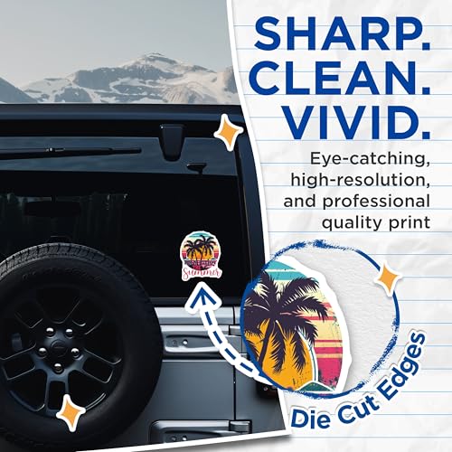 (2 Pack) Let's Enjoy The Summer Stickers - Tropical Beach Stickers - Palm Tree Sunset Stickers - 5" On Longest Side - Sticks to Smooth Flat Surfaces - Made in USA - BMCS4321