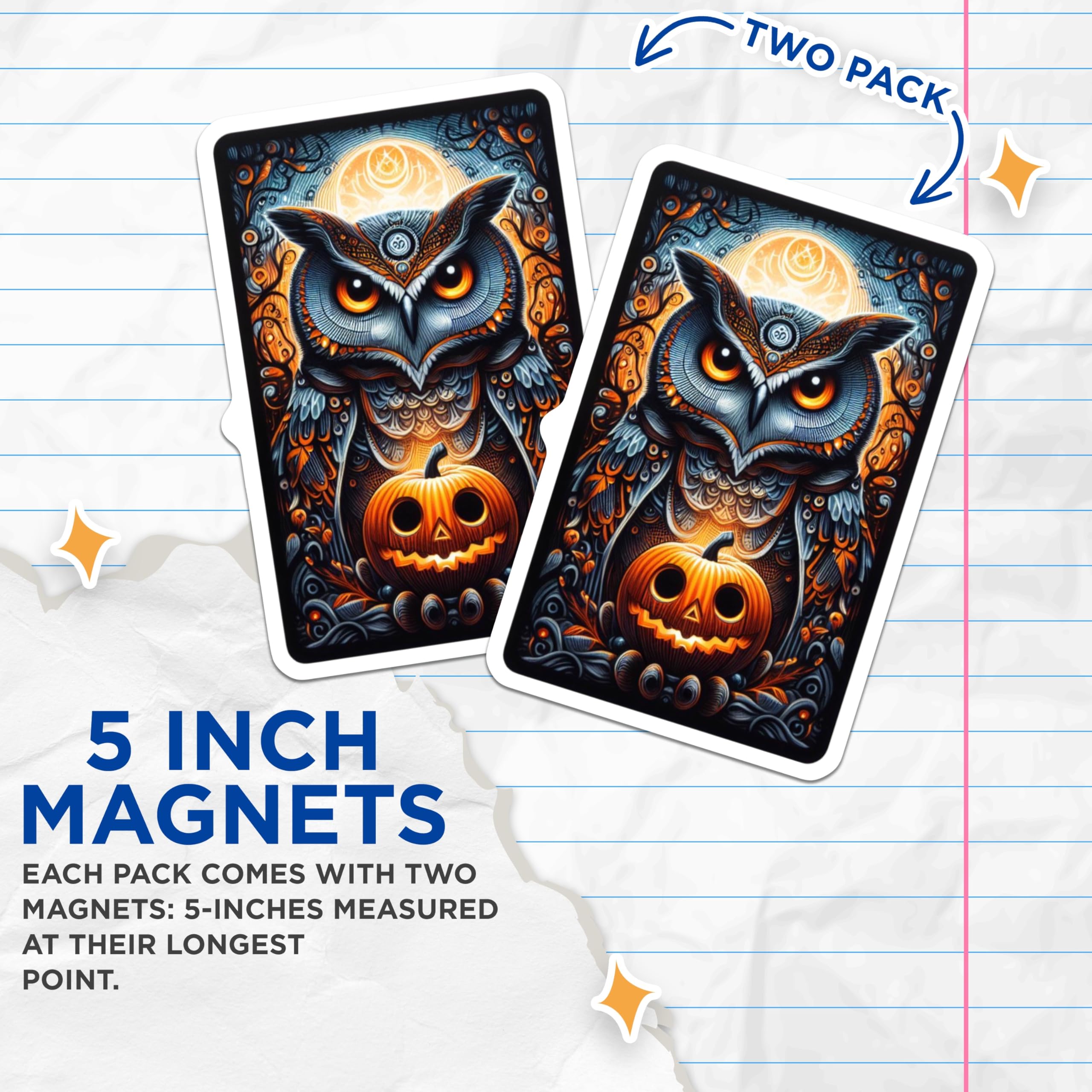 (2 Pack) Halloween Owl Magnets - Mystical Art Pumpkin Jack O Lantern Decor - Autumn Fall Spooky Fridge Accessory - 5 Inches On Longest Side - Thick Durable Magnet - Made in USA - MAG22996