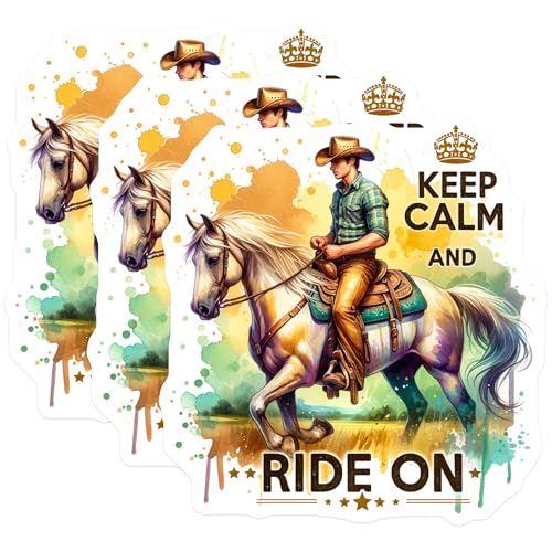 (3 Pack) Cowboy Horse Decals - Keep Calm Ride On - Western Decals- 3 Inches On Longest Side - Easy Peel & Apply - Made in USA - 3MCS5428