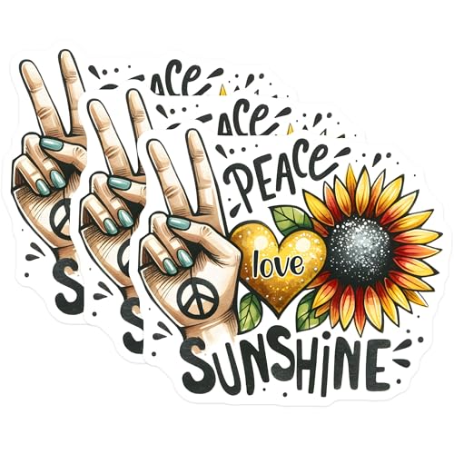 (3 Pack) Peace Love Sunshine Decals - Sunflower Sticker - Hippie Laptop Decal - 3 Inches On Longest Side - Easy Peel & Apply - Made in USA - 3MCS6738
