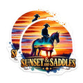 (2 Pack) Cowboy Riding Horse Stickers - Sunset Horseback Riding Scene - Western Cowboy Art Stickers - 5" On Longest Side - Sticks to Smooth Flat Surfaces - Made in USA - BMCS6997